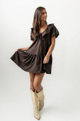 Tony Gingham Baby Doll Dress In Brown
