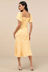 Effervescent Afternoon Yellow Satin Flutter Sleeve Midi Dress