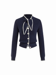 Knit Stand Collar Bowknot Contrasting Binding Long Sleeve Cardigan