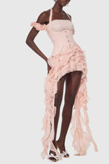 Juricn Halter Corset Ruffle Fringe Mini Dress - Pink