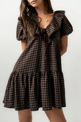 Tony Gingham Baby Doll Dress In Brown