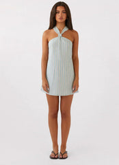 Keira Linen Micro Mini Dress - Blue Choc Stripe