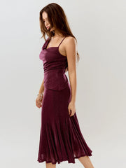 Asymmetrical Neck Glitter Ruched Top & High Rise Ruffled Mermaid Maxi Skirt Set