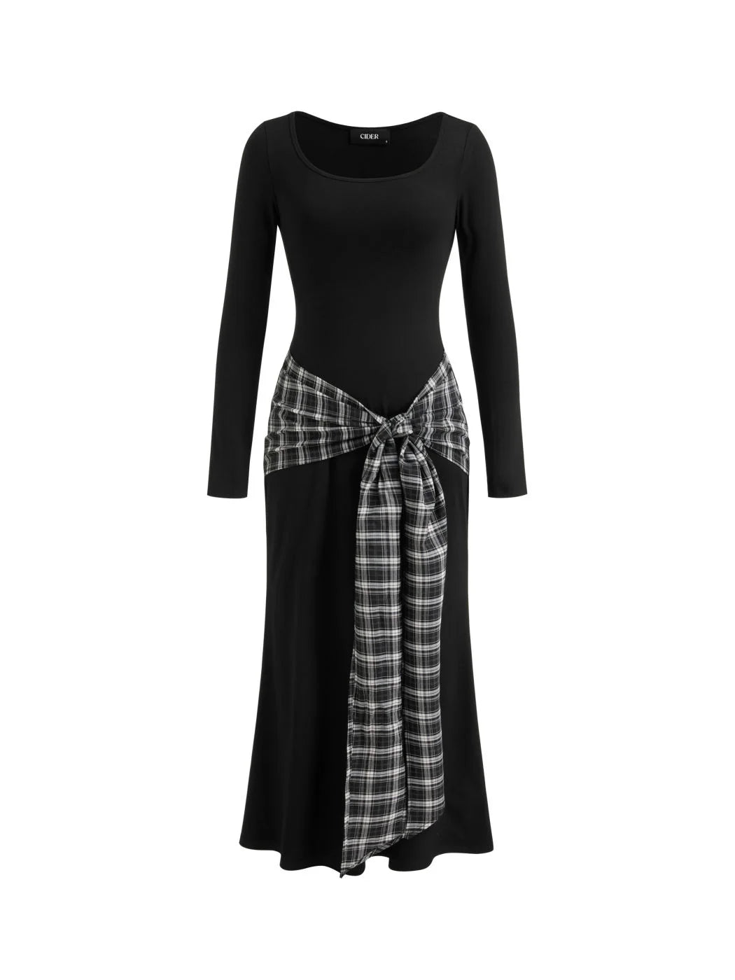 Plaid Knotted Scoop Neckline Long Sleeve Maxi Dress