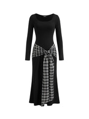 Plaid Knotted Scoop Neckline Long Sleeve Maxi Dress