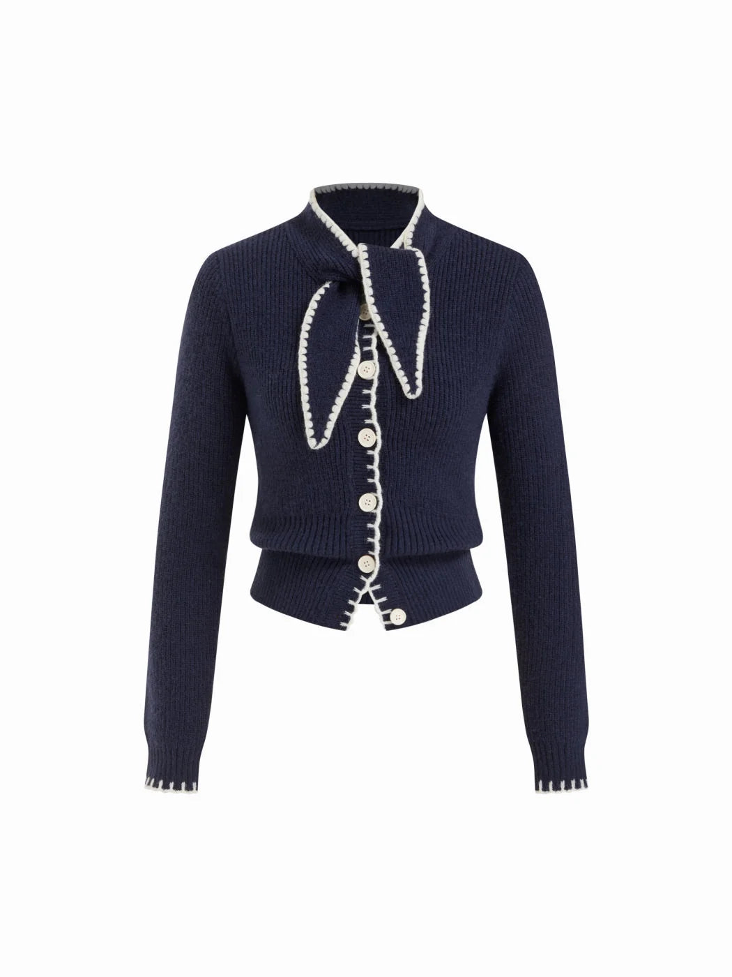 Knit Stand Collar Bowknot Contrasting Binding Long Sleeve Cardigan