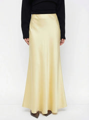 Satin Mid Rise Ruffle Maxi Skirt